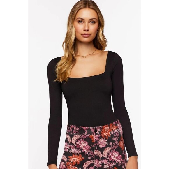 NWT FOREVER 21 Long-Sleeve‎ Cutout Bodysuit Size M Color Black - Picture 2 of 7